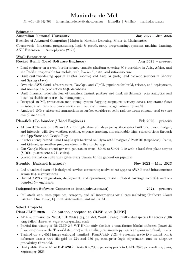First page of Manindra de Mel's résumé